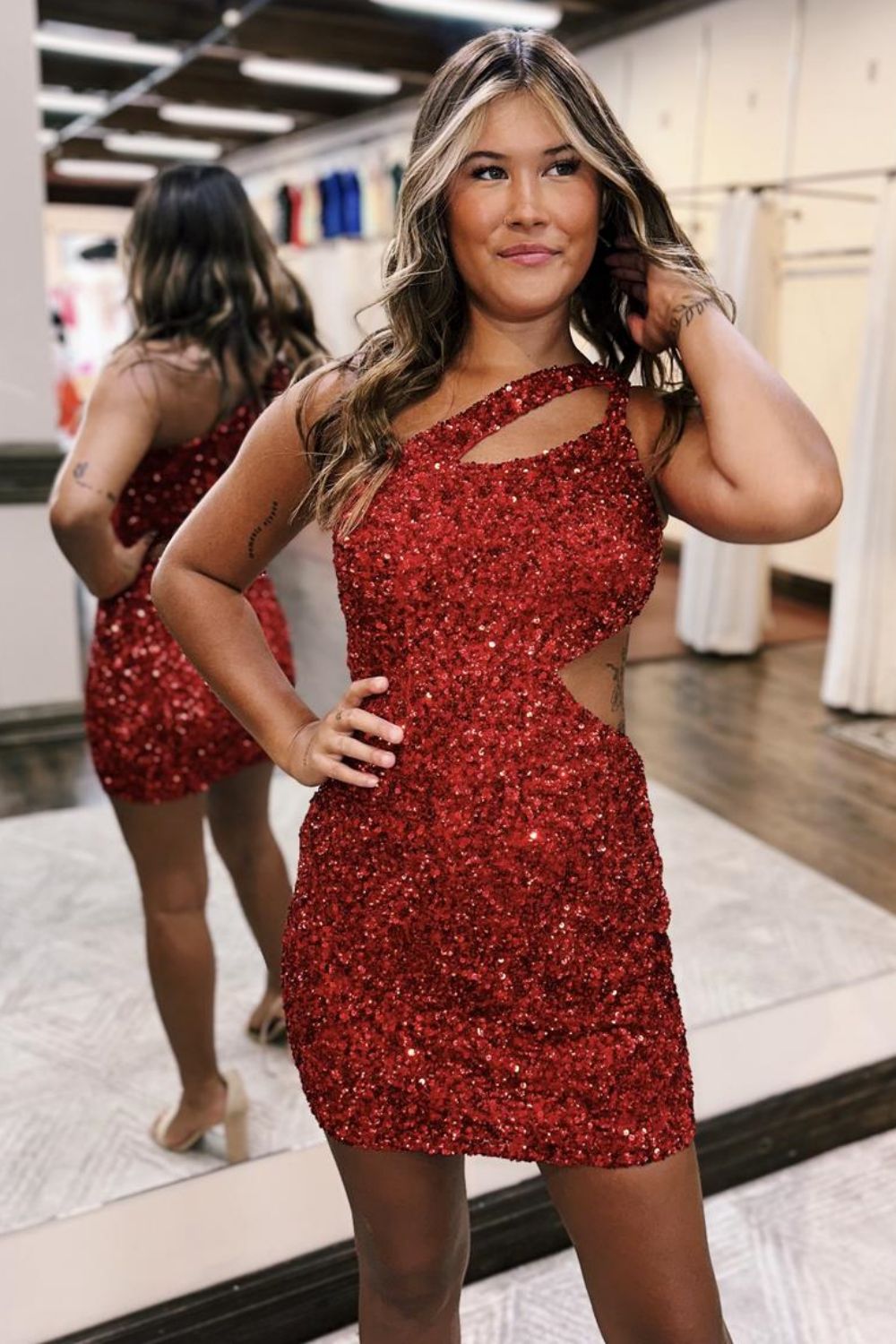 Cute Bodycon One Shoulder Cutout Sequins Homecoming Dresses LD071511