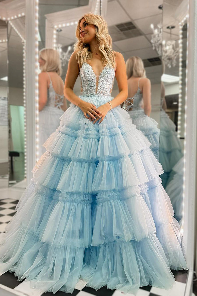 Cute Ball Gown V Neck Sky Blue Ruffle Tiered Tulle Long Prom Dress LD062585