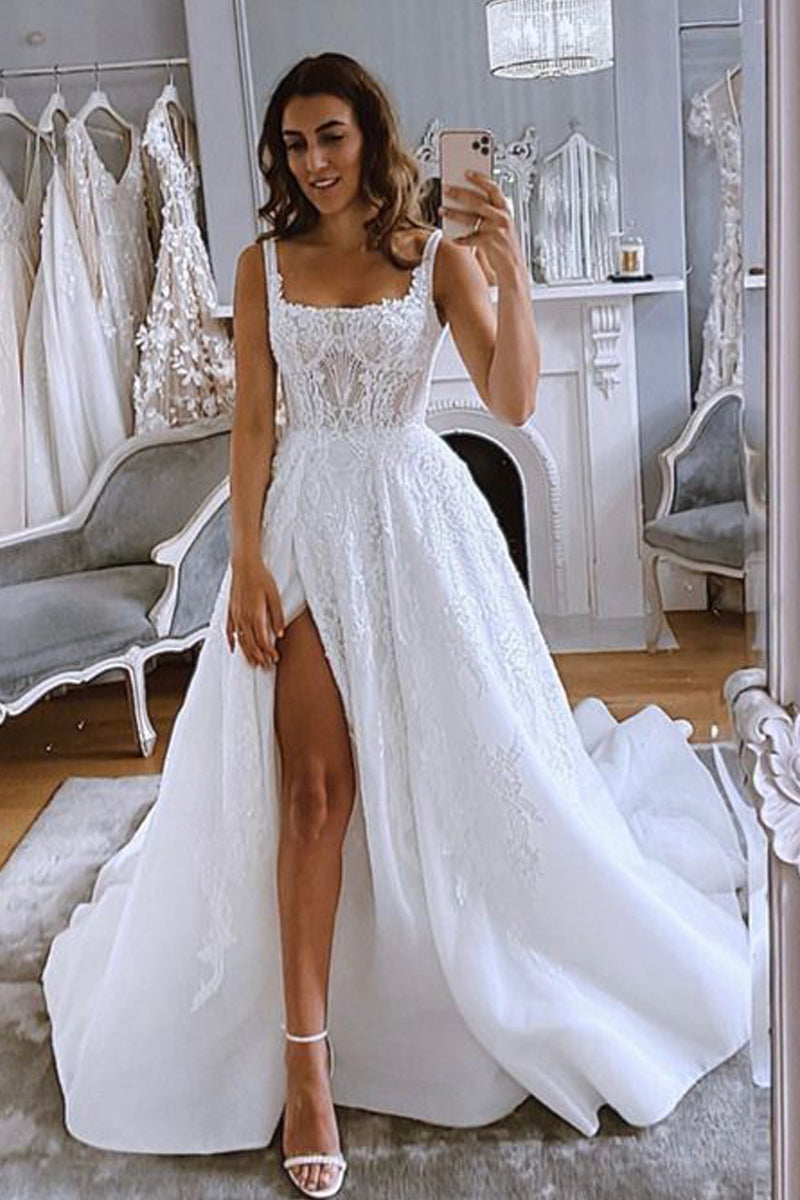 Gorgeous Ball Gwon Square Neck Organza Satin Slit Wedding Dresses with Appliques LD0625