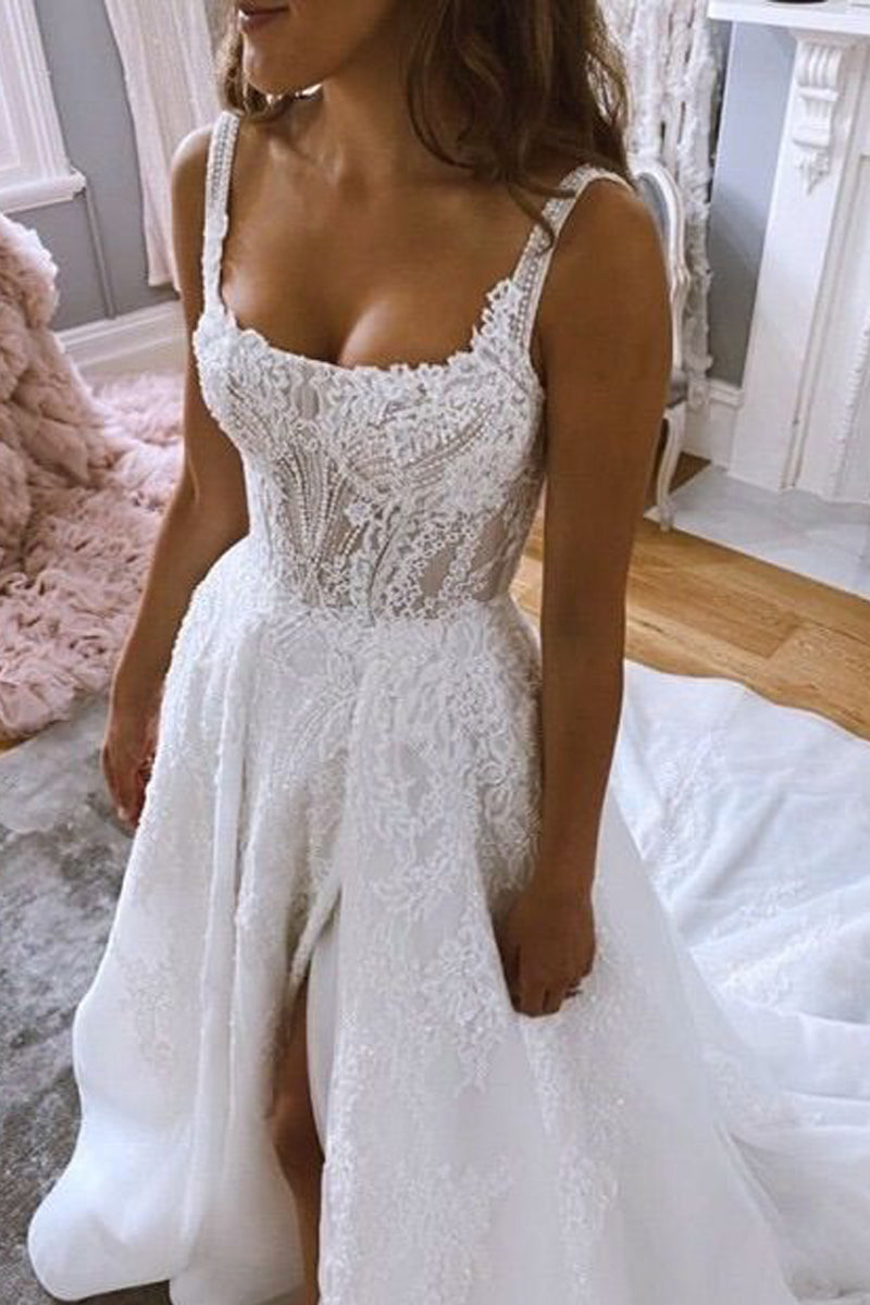Gorgeous Ball Gwon Square Neck Organza Satin Slit Wedding Dresses with Appliques LD0625