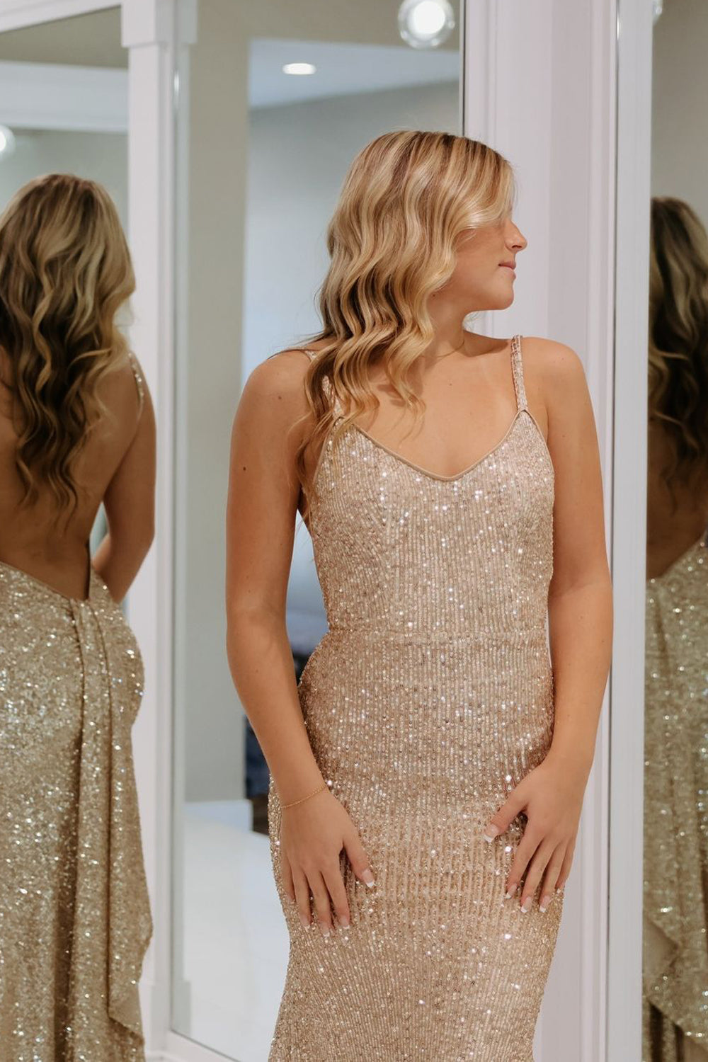 Vivienne | Charming V-Neck Champagne Sequin Mermaid Long Prom Dress