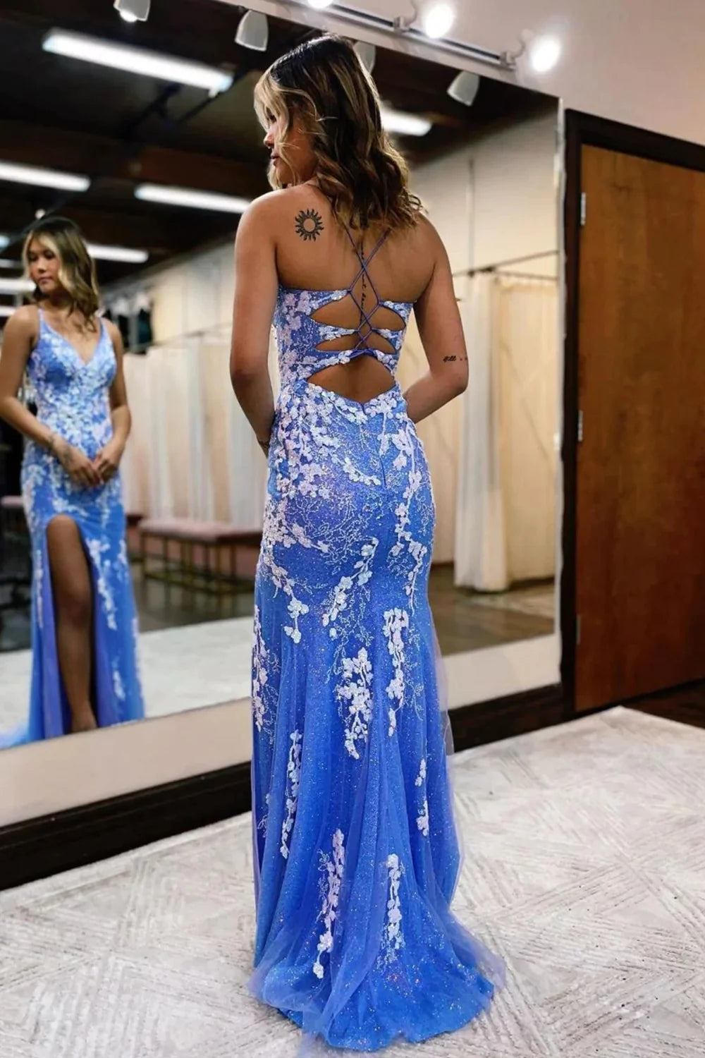 Ainhoa | Sparkling Blue Mermaid Lace Prom Dress with Slit