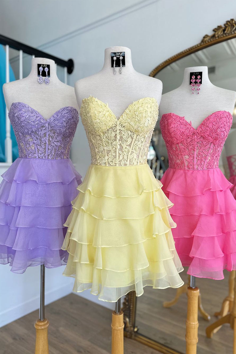 Cute A Line Sweetheart Hot Pink Tiered Homecoming Dresses with Appliques LD071307
