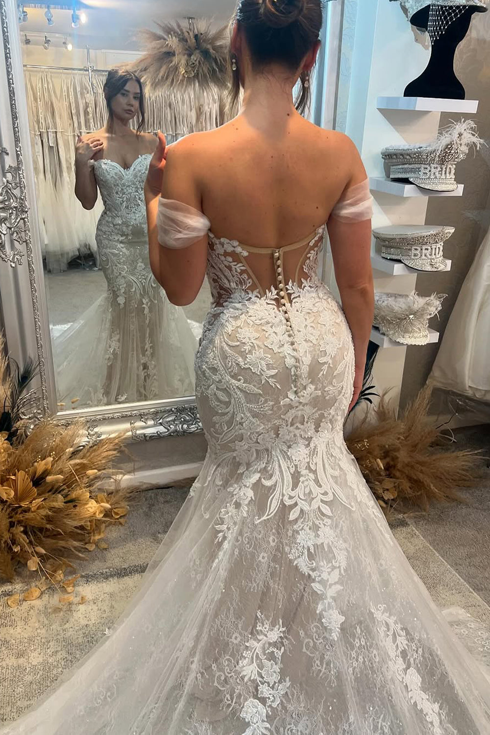 Lace and Tulle Mermaid Wedding Dress with Off-the-Shoulder Design and Appliques