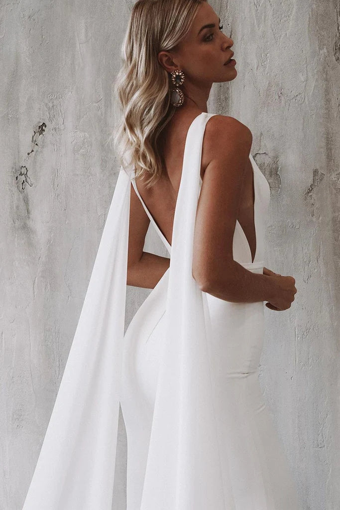 Elegant Satin Mermaid Wedding Dress with Deep V-Neck