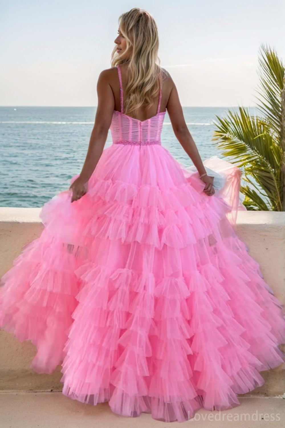 Elegant A-Line Lllusion Tulle Prom Dress with Tiered lD102414