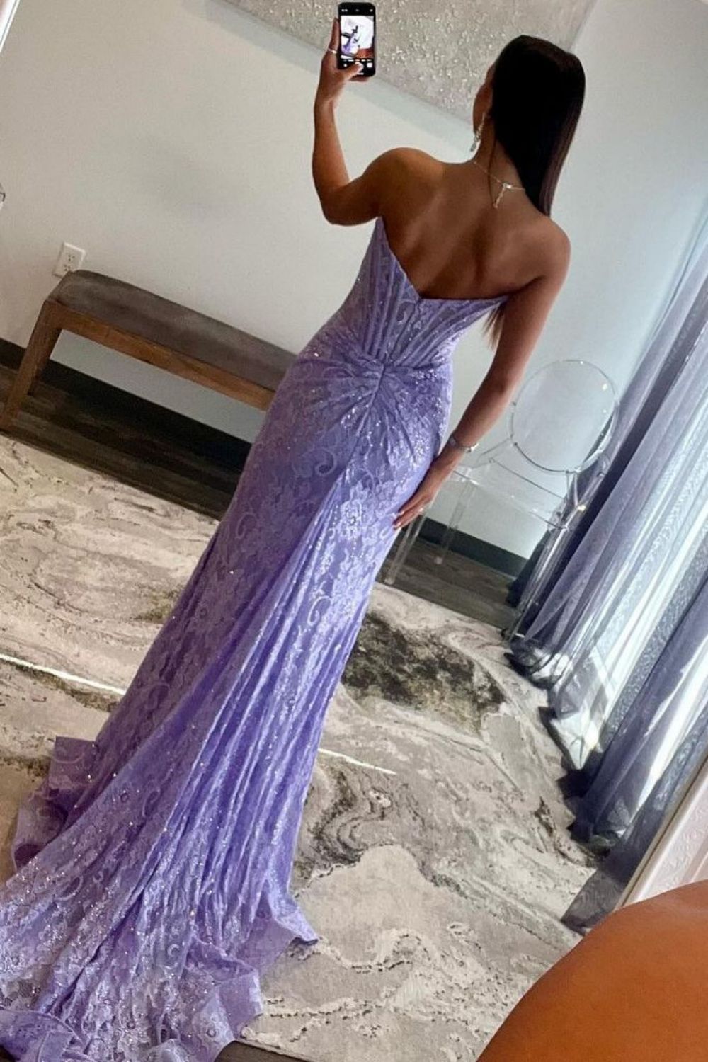 Charming Lilac Mermaid Scoop Neck Lace Prom Dresses With Slit LD062560