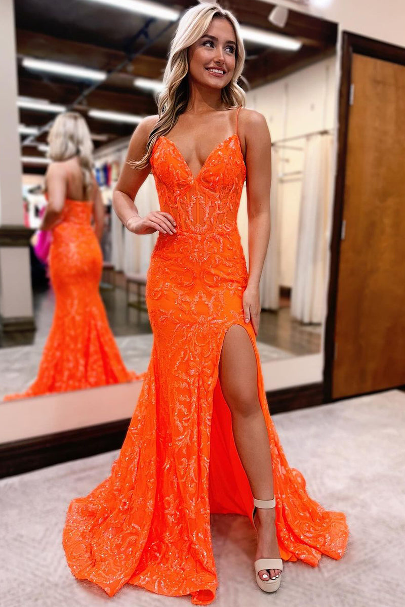 Cute Mermaid V Neck Pink Sequins Lace Prom Dresses with Slit LD062576