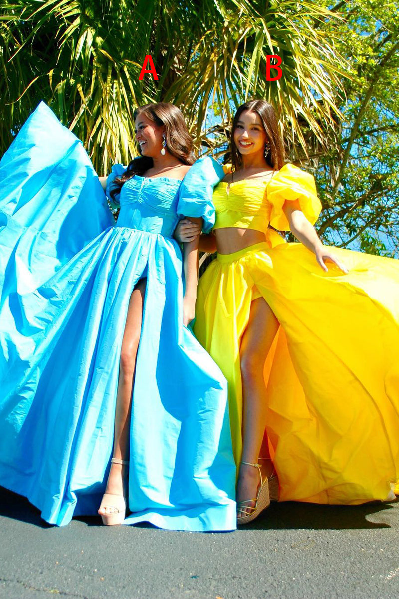Cute Ball Gown V Neck Two Piece Yellow Satin Long Prom Dresses LD062596