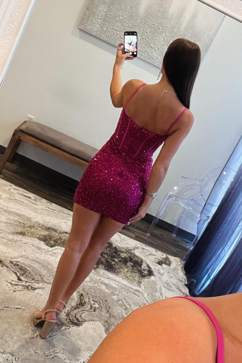 Cute Bodycon Sweetheart Fuchsia Sequins Homecoming Dresses LD071204