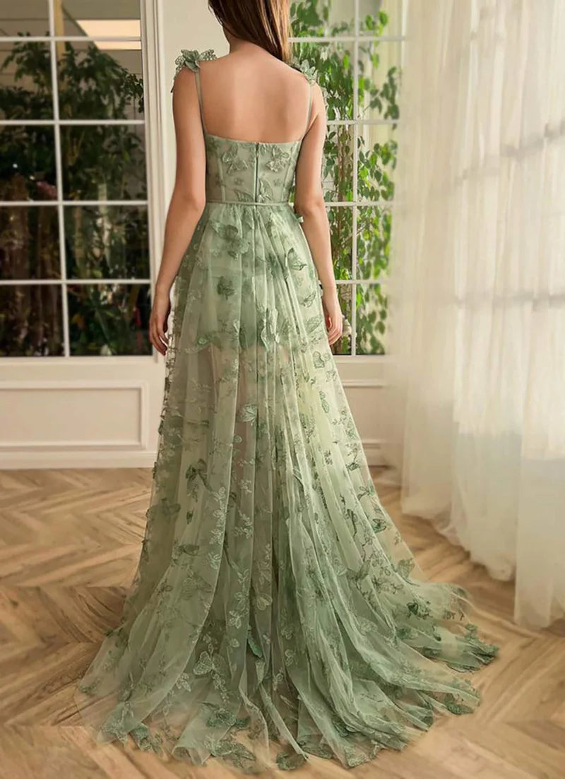 Charming A-Line Lilac Corset Prom Dress with Butterfly Lace and Elegant Slit ld101013