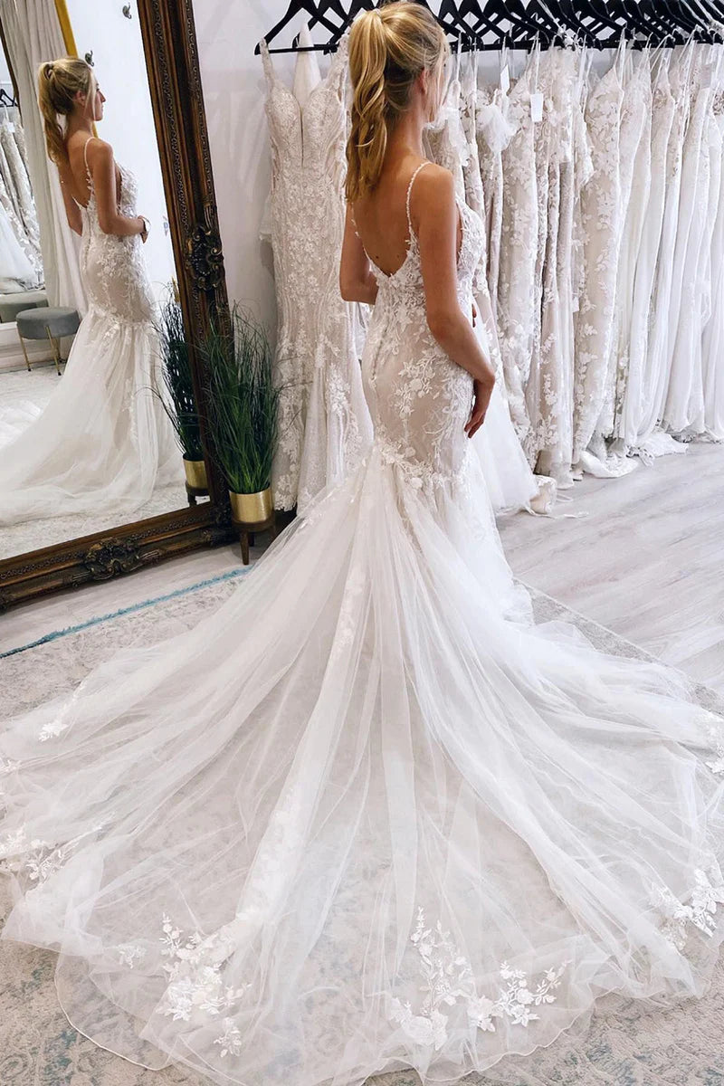 Fairy V-Neck Mermaid Tulle Bridal Dress with Appliqués