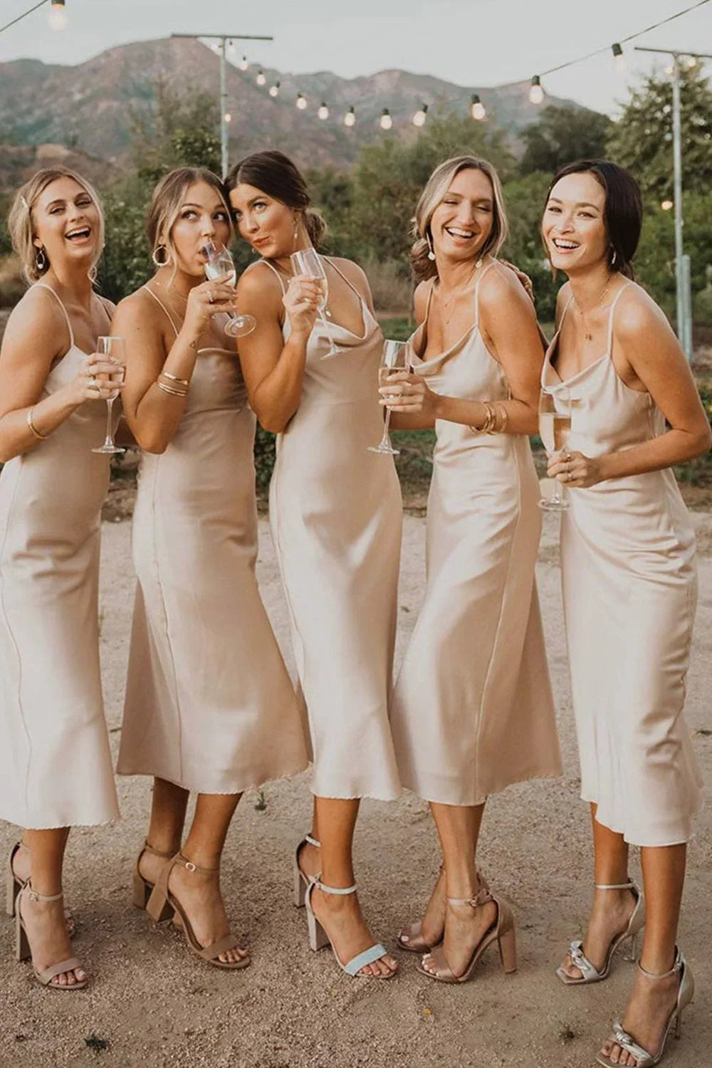 Ivory Spaghetti Strap Mid-Calf Bridesmaid Dress