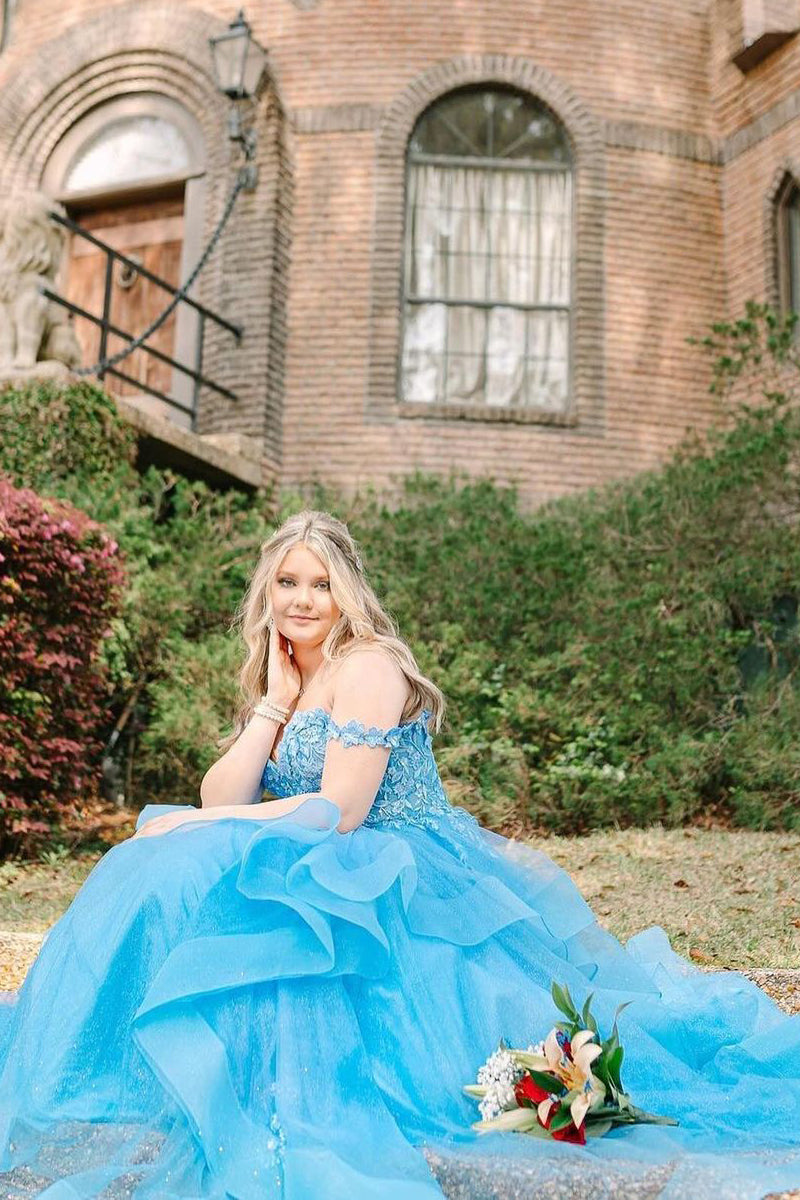 Blue Off-the-Shoulder Tiered Tulle Prom Dress with Ruffles and Appliqués