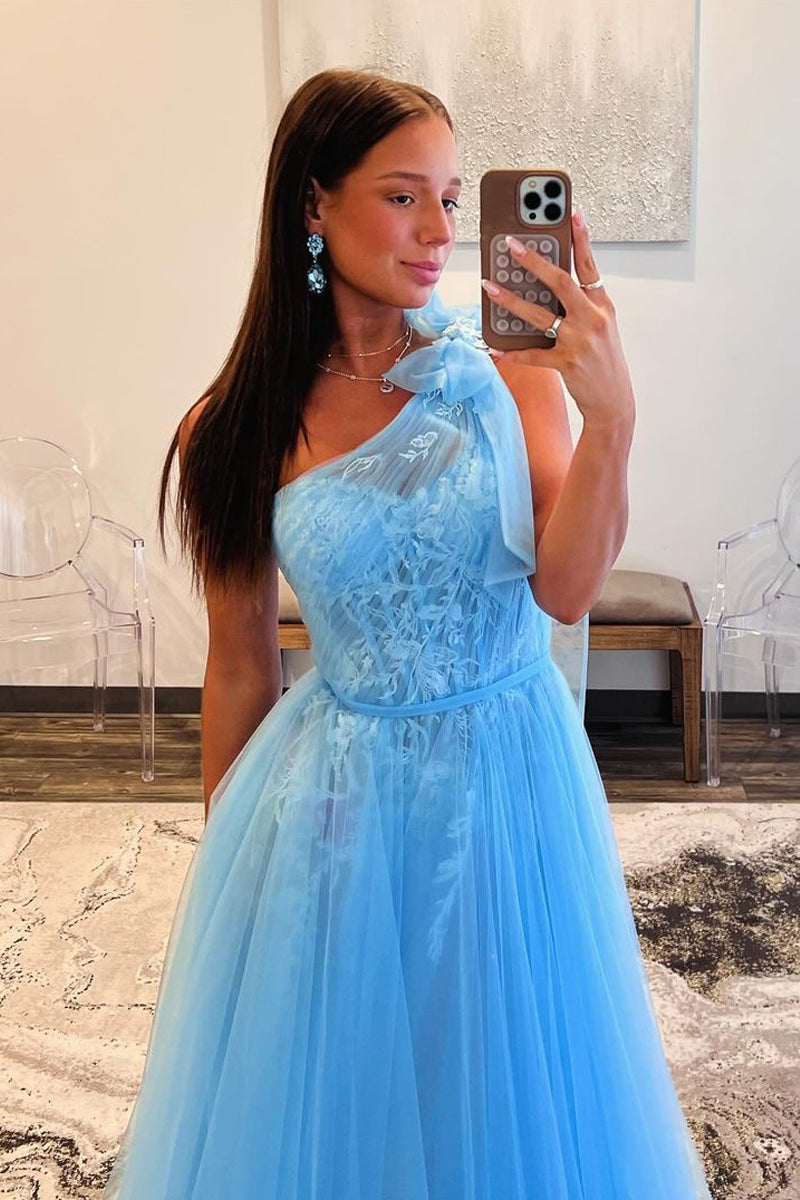 Charming A Line One Shouledr Blue Tulle Long Prom Dress with Appliques LD062556