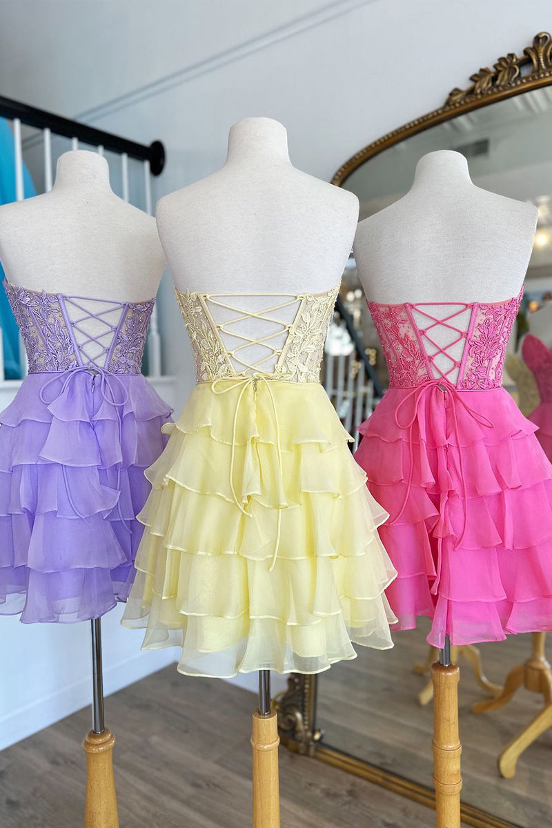 Cute A Line Sweetheart Hot Pink Tiered Homecoming Dresses with Appliques LD071307