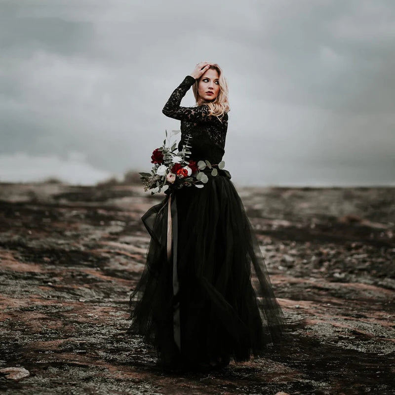 A-Line Black Lace Appliquéd Ball Gown Wedding Dress with Train