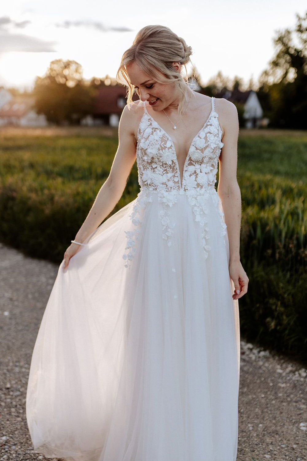 Fairy Bohemian A Line V Neck Chiffon Long Wedding Dress with 3D Appliques LD081203 Lovedreamdress Fairy Bohemian A Line V Neck Chiffon Long Wedding Dress with 3D Appliques LD081203 Lovedreamdress