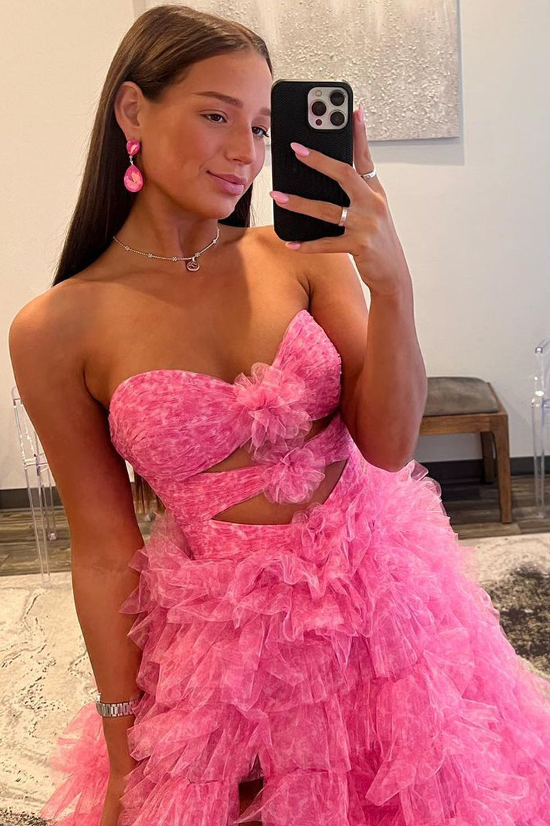 Reyna | Pink Sweetheart Ball Gown Prom Dress with Printed Tiered Tulle