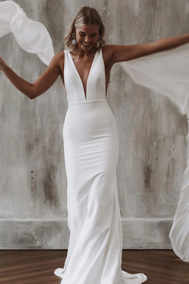 Elegant Satin Mermaid Wedding Dress with Deep V-Neck Lovedreamdress Elegant Satin Mermaid Wedding Dress with Deep V-Neck Lovedreamdress