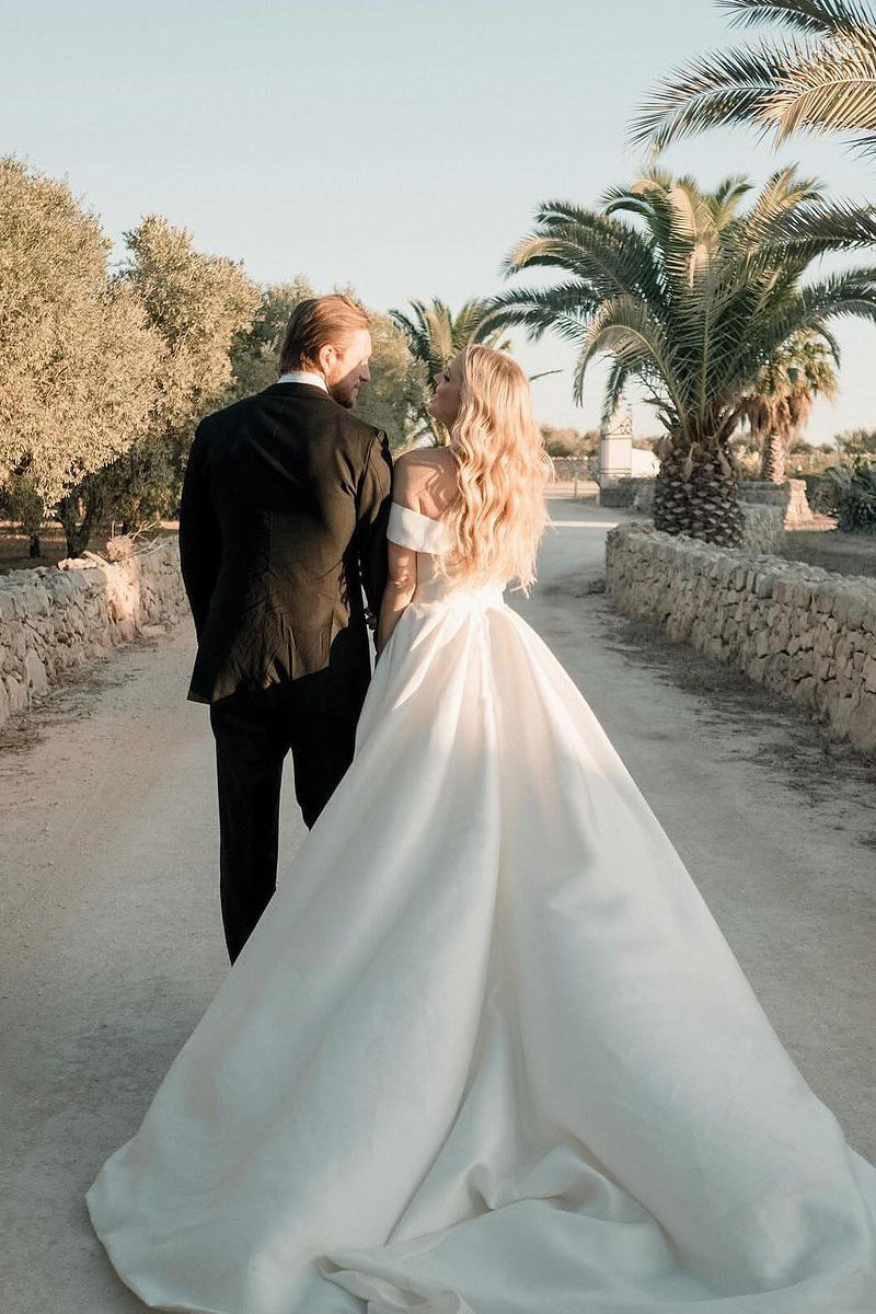 Elegant A-Line Off the Shoulder Satin Wedding Dresses with Slit LD062503