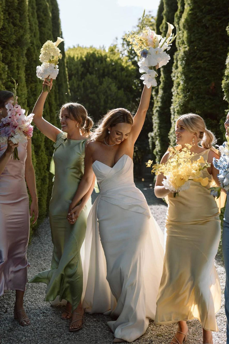 Sheath Boat Neckline Silk Satin Long Bridesmaid Dress LD070828