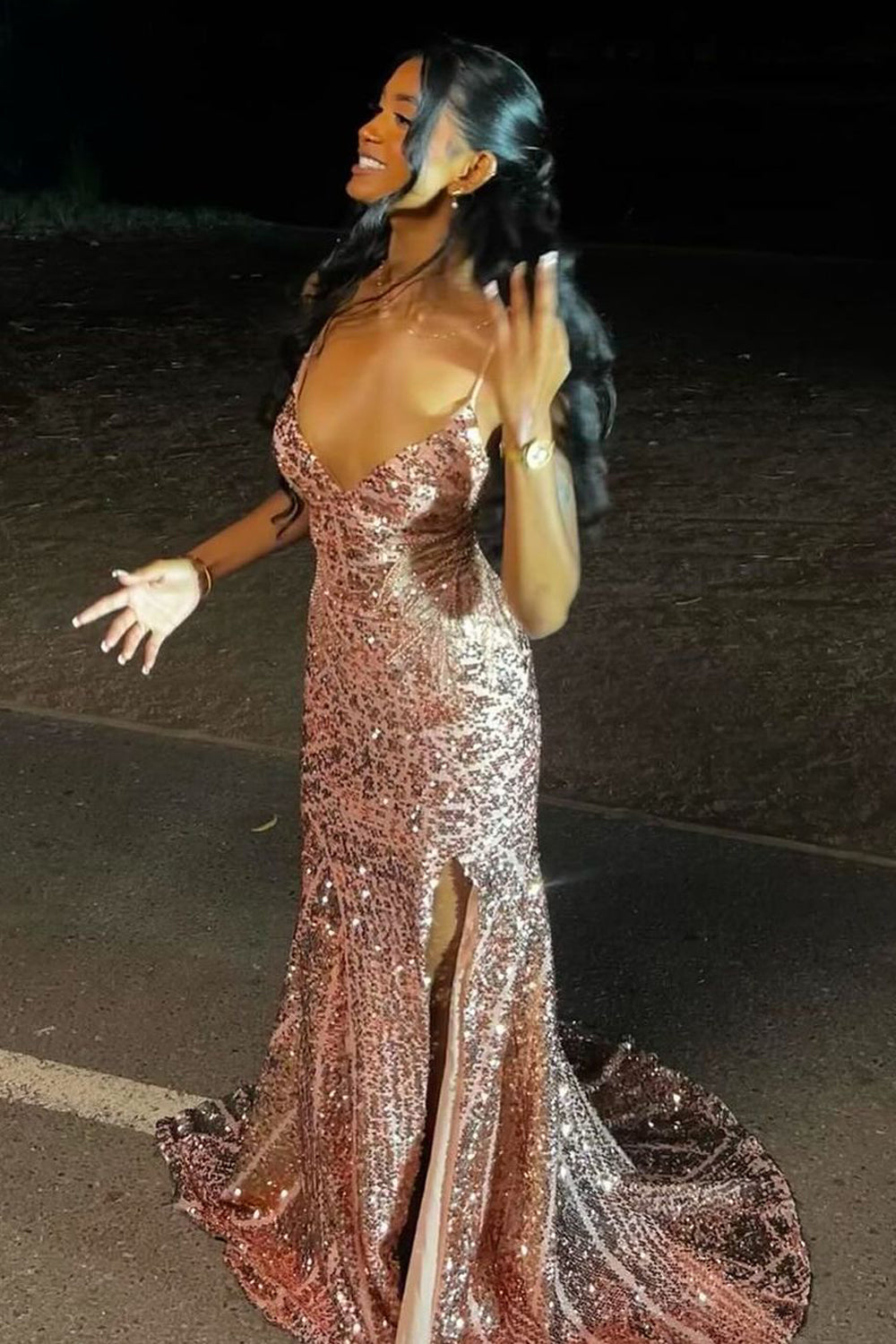 Elegant V-Neck Blush Sequins Mermaid Long Prom Dress with Slit