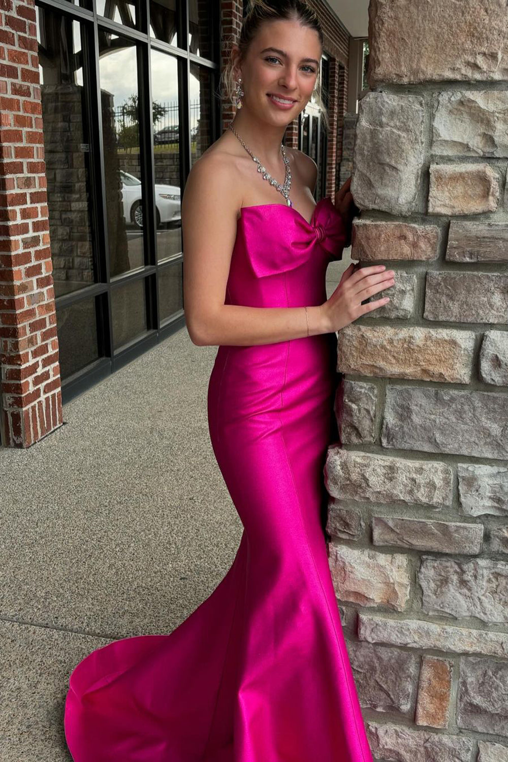 Sweetheart Fuchsia Satin Mermaid Prom Dress with Bow