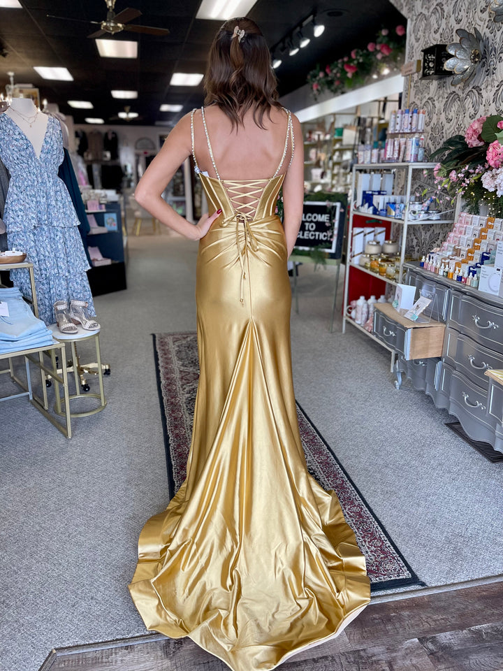 Fuchsia Satin Mermaid Prom Dress with V-Neck and Beading