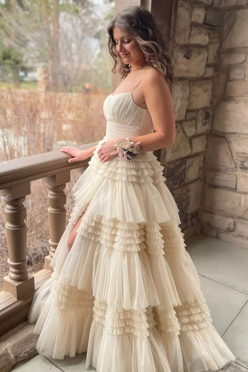 Cute Ball Gown Scoop Neck Light Champagne Tiered Tulle Prom Dresses LD0625101