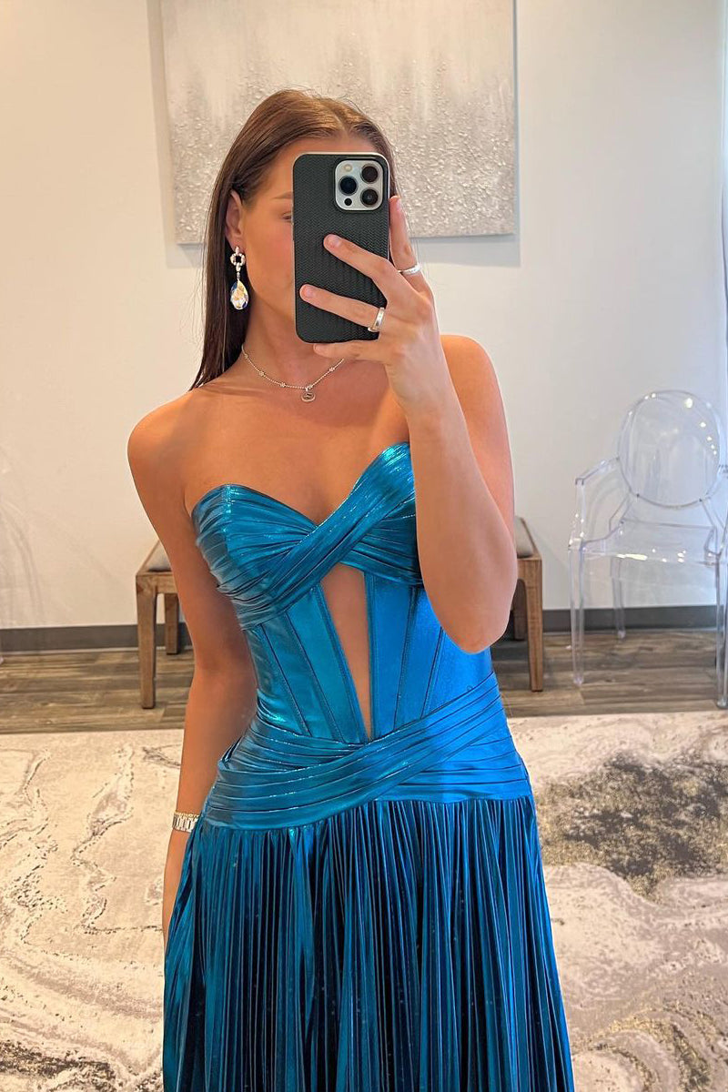 Cute A-Line Sweetheart Keyhole Navy Blue Sparkly Satin Long Prom Dress LD062584