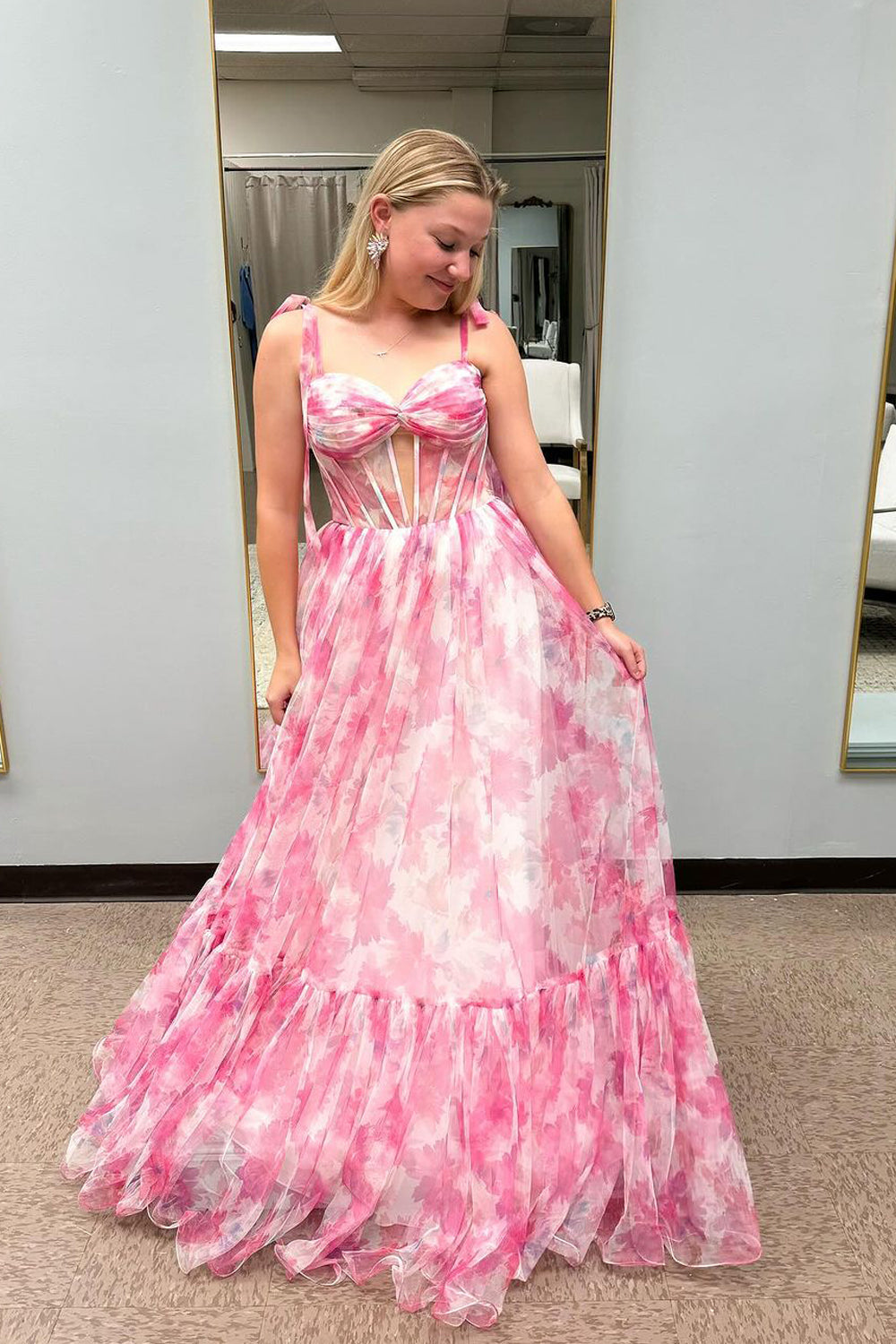 Cute Pink Printed Chiffon A-Line Long Prom Dress with Sweetheart Neckline