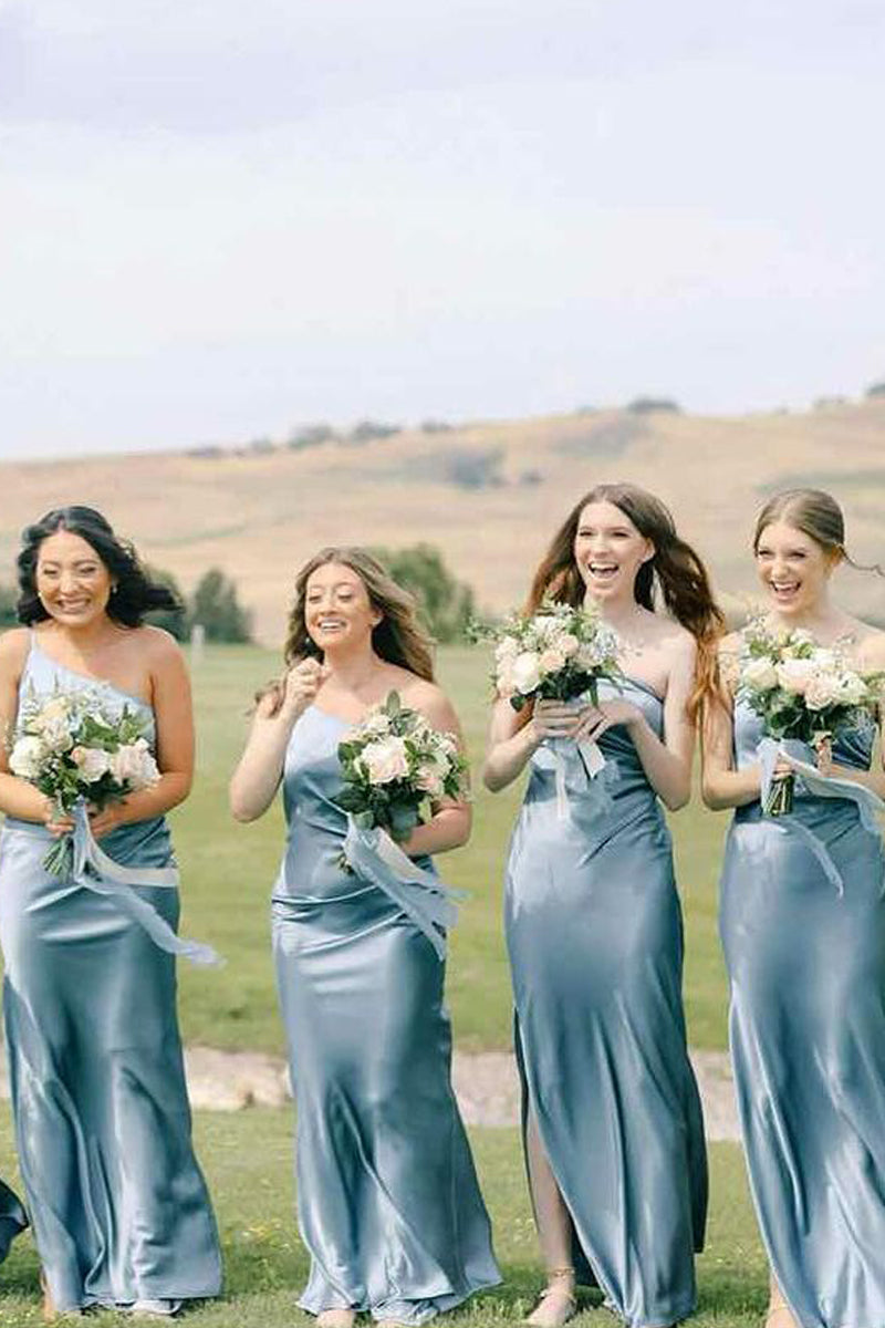 Sheath One Shoulder Silk Satin Dusty Blue Long Bridesmaid Dress LD070803