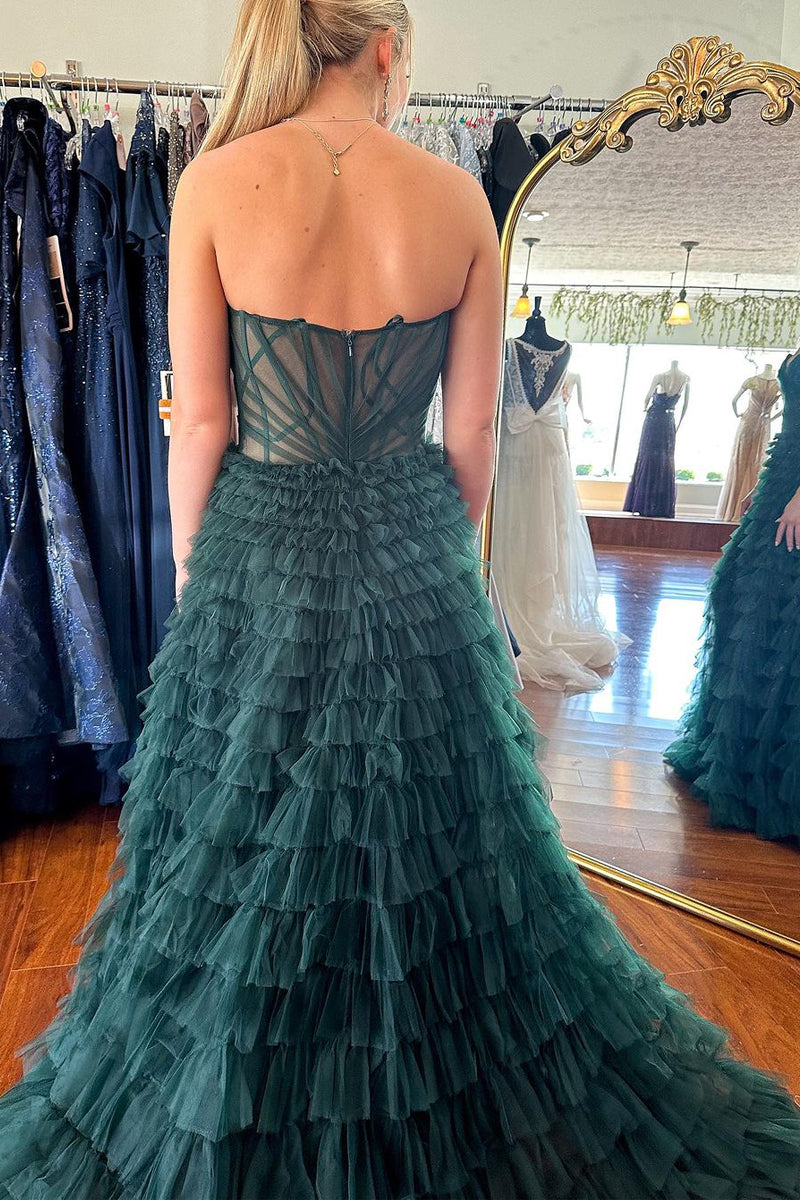 Gorgeous A Line Sweetheart Dark Green Ruffle Tiered Tulle Prom Dress LD062570