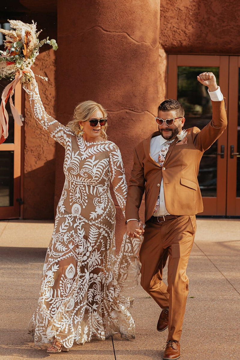 Bohemian Mermaid Long Sleeves Champagne Lace Wedding Dresses LD070601