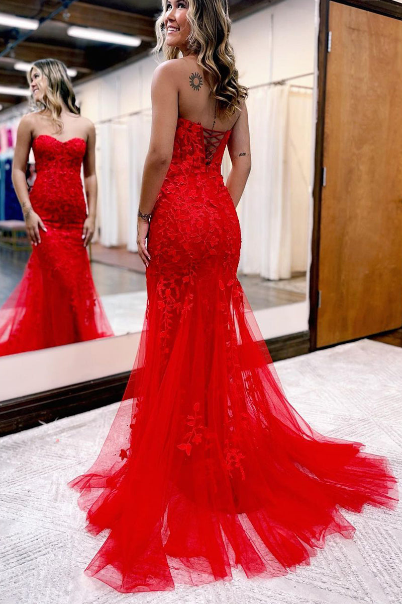 Adriana | Cute Red Tulle Mermaid Prom Dress with Sweetheart Neckline and Appliqués