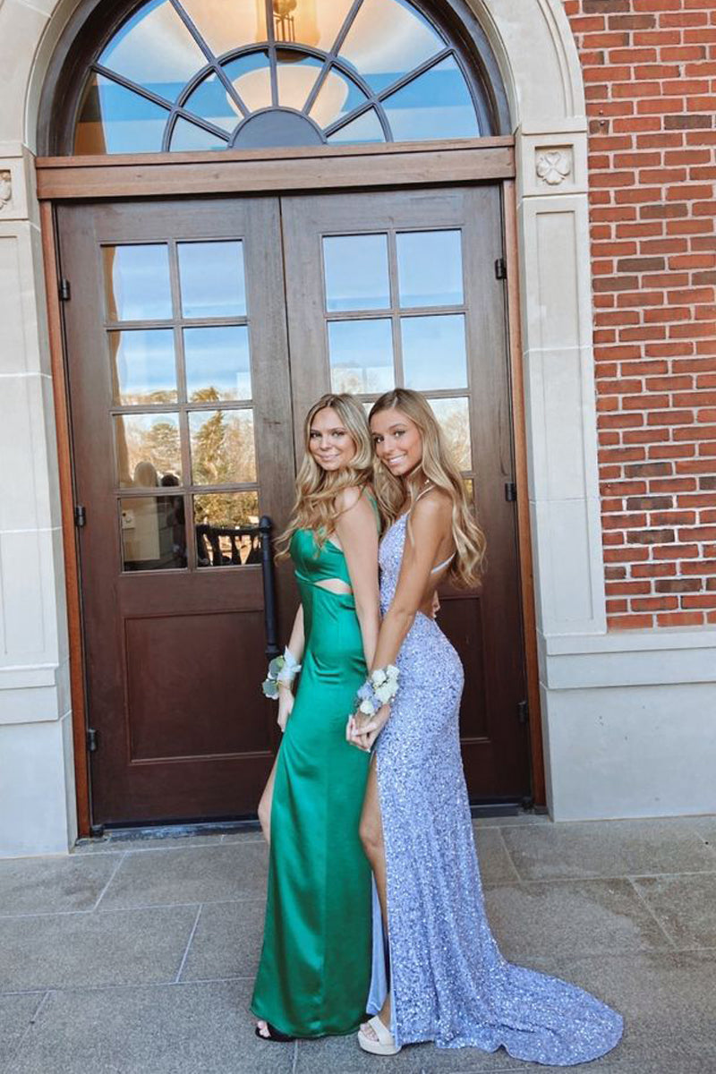 Charming Mermaid V Neck Light Blue Sequins Long Prom Dresses with Slit LD063001