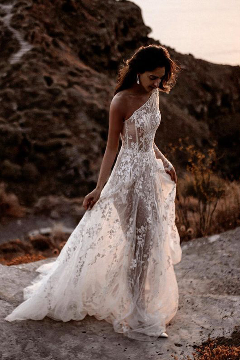 Bohemian One Shoulder See Through Lace Beach Wedding Dresses with Appliques LD062512