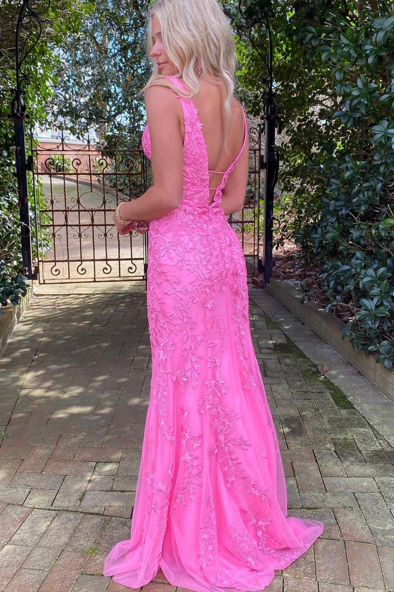Cute Mermaid V Neck Pink Lace Long Prom Dresses with Appliques LD062910