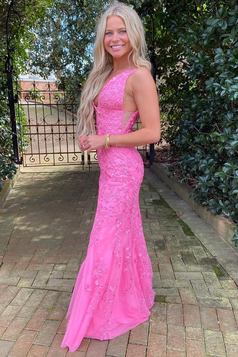 Cute Mermaid V Neck Pink Lace Long Prom Dresses with Appliques LD062910