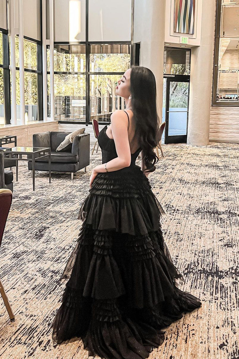 Cute A Line V Neck Black Tulle Long Prom Dresses with Slit LD062908