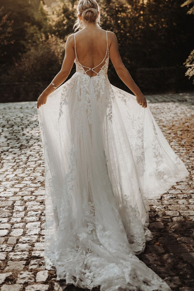 Fairy A Line V Neck Bohemian Tulle Wedding Dresses with Appliques LD062806
