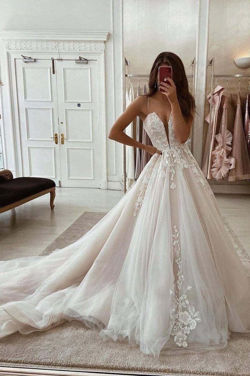 Ball Gown V Neck Tulle Wedding Dresses with Appliques LD062805
