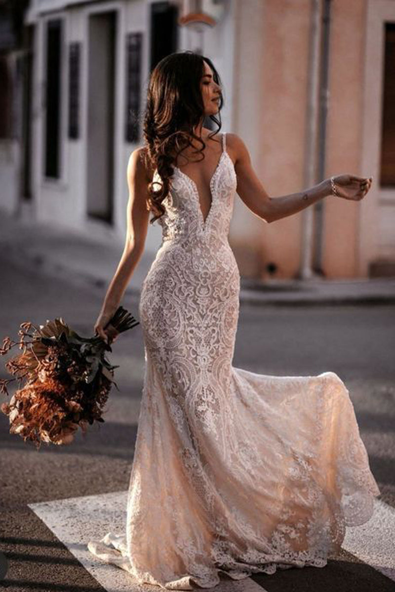 Vintage Lace Mermaid V Neck Wedding Dresses with Appliques LD062804 Lovedreamdress Vintage Lace Mermaid V Neck Wedding Dresses with Appliques LD062804 Lovedreamdress