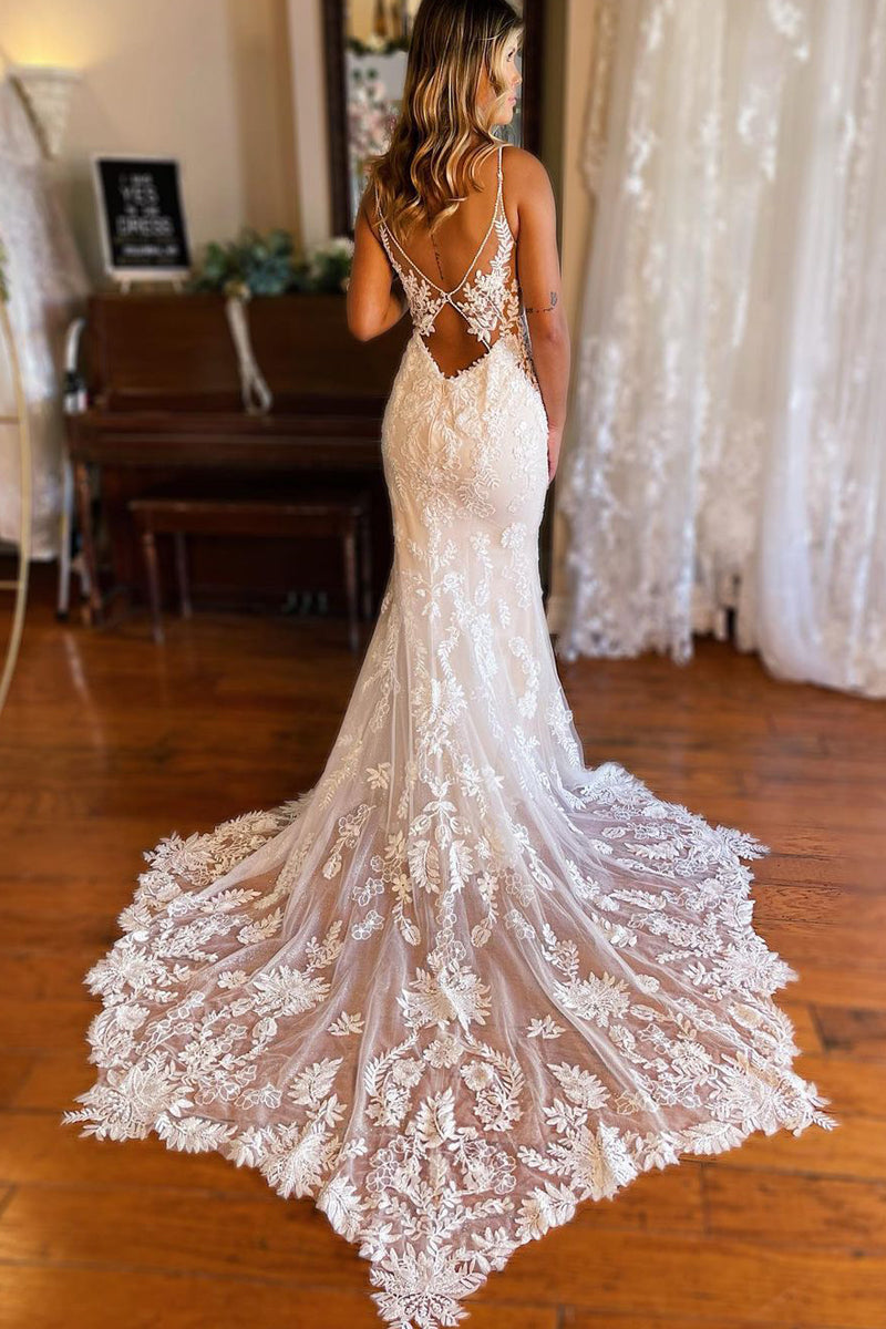 Charming Luxurious Mermaid V Neck Lace Wedding Dresses with Appliques LD062508