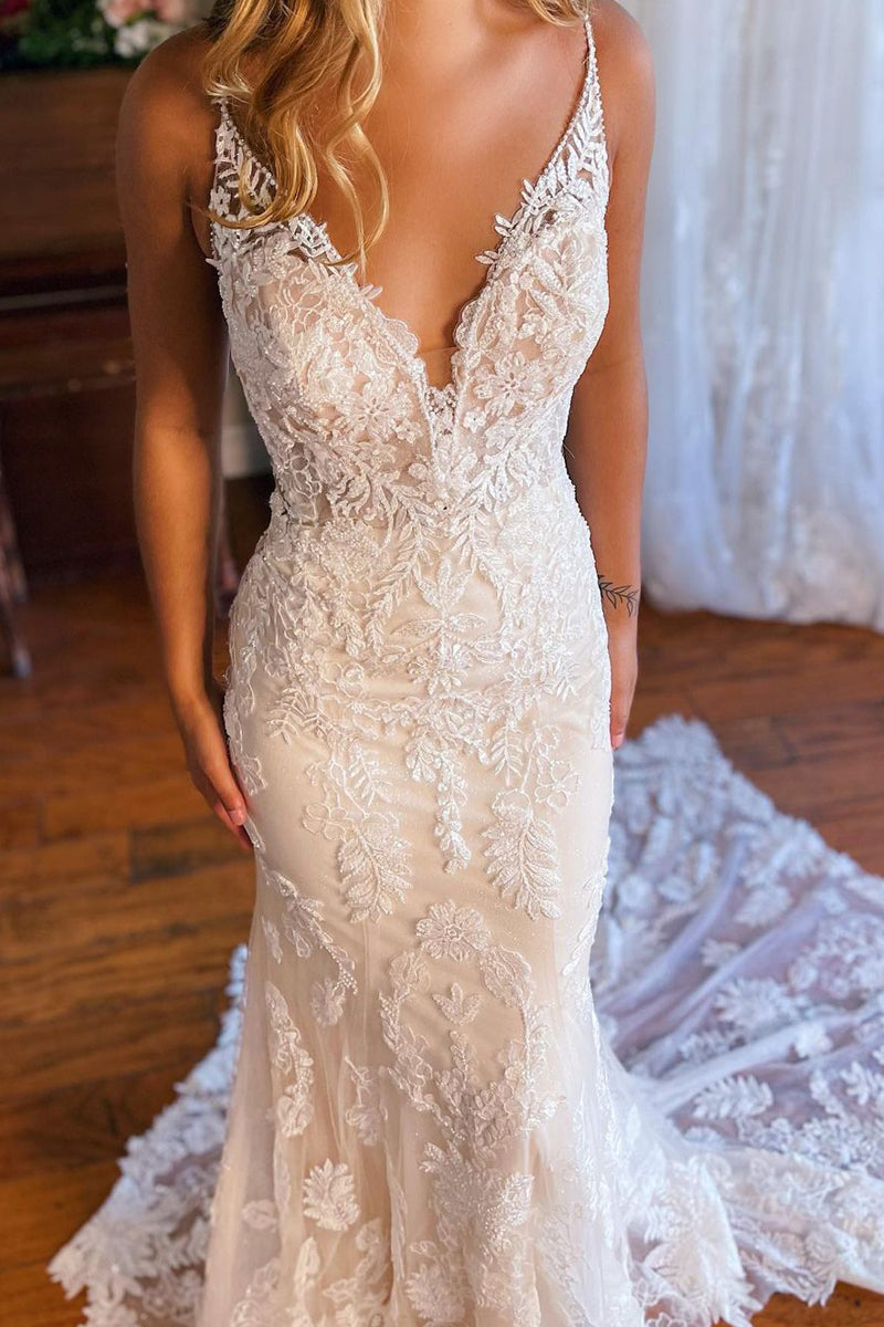 Charming Luxurious Mermaid V Neck Lace Wedding Dresses with Appliques LD062508