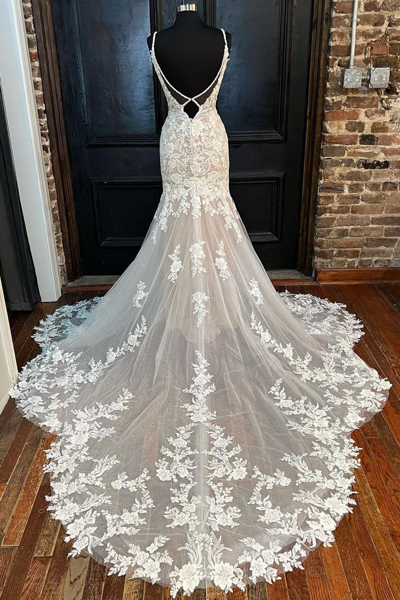 Luxurious Elegant Mermaid V Neck Lace Wedding Dresses with Appliques LD070310