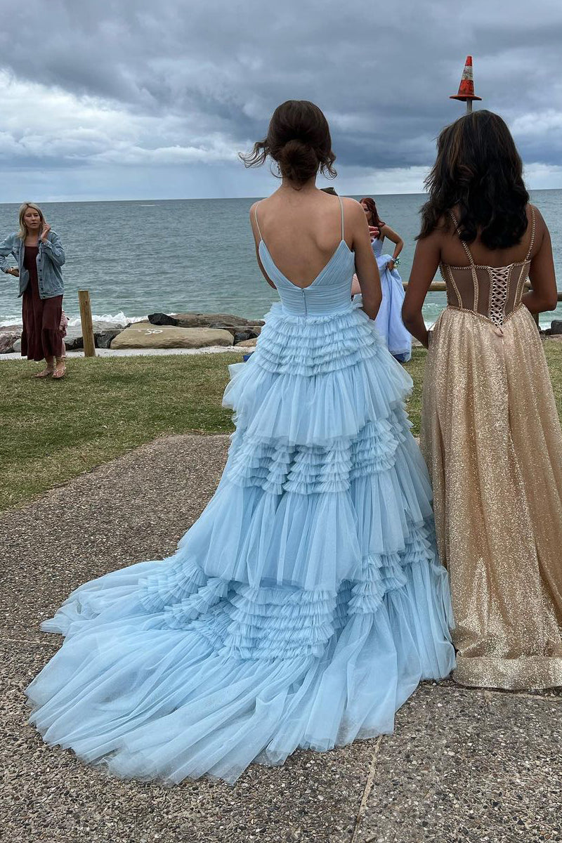Cute A Line V Neck Light Blue Tulle Long Prom Dresses LD062902