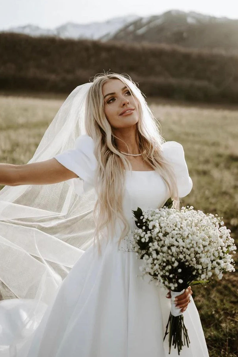 Princess Ball Gown Square Neck Puff Sleeves White Satin Wedding Dress LD062507