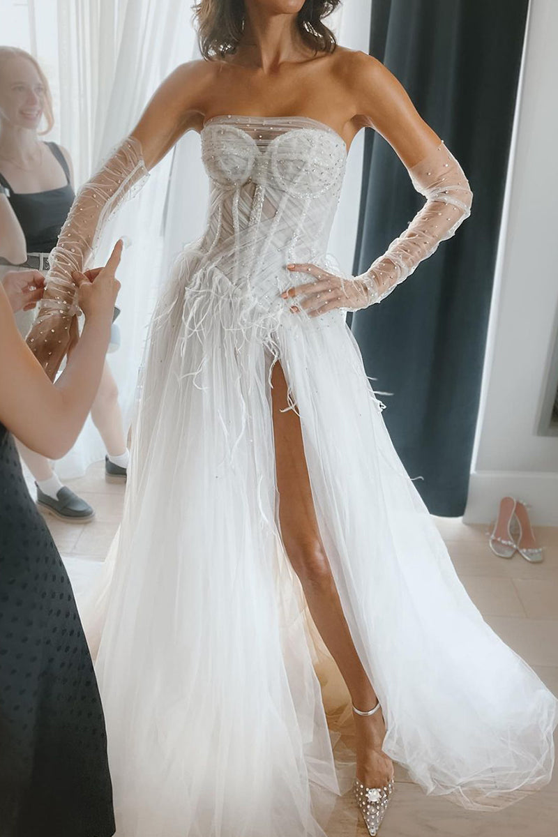 Fairy A Line Sweetheart Tulle Wedding Dresses with Feather Beading LD062506